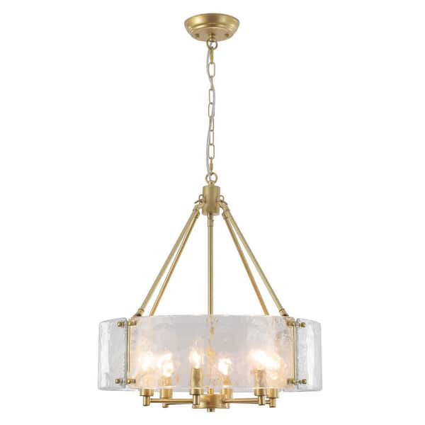 19.68 in. 6-Light Golden Drum Chandelier with Glass Shade and No Bulbs Included For Dinning Room Foyer