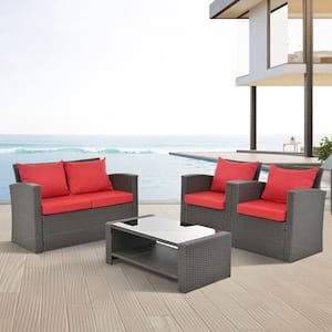 Dark Gray 4-Piece Wicker Patio Conversation Set, Outdoor Sectional Set with Red Cushions for Backyard Poolside