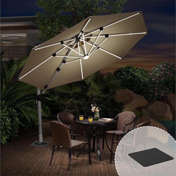 PURPLE LEAF 10 ft. Octagon Aluminum Solar Powered LED Patio Cantilever Offset Umbrella with Base Plate, Beige