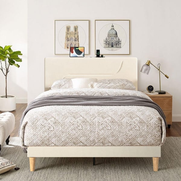 VECELO Upholstered Bed Frame with LED Lights, Velvet Headboard and Charging Station, Noise-Free Platform Bed, Beige Full Bed