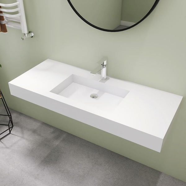 47 in. Wall Mount Rectangle Vessel Sink with Faucet Hole, Solid Surface Bathroom Vessel Sink