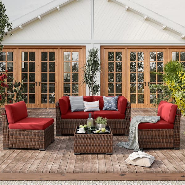 ELPOSUN 5-Piece Wicker Outdoor Patio Conversation Seating Set with Dark Red Cushions and Coffee Table
