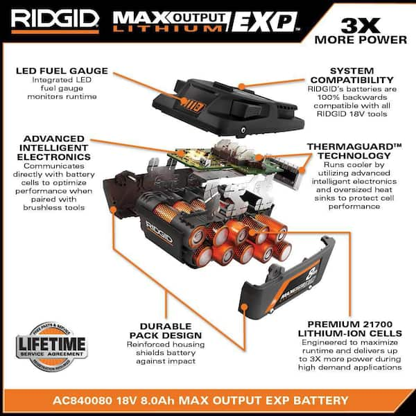 RIDGID 18V 8.0 Ah MAX Output EXP Lithium Ion Battery with 6.0 Ah