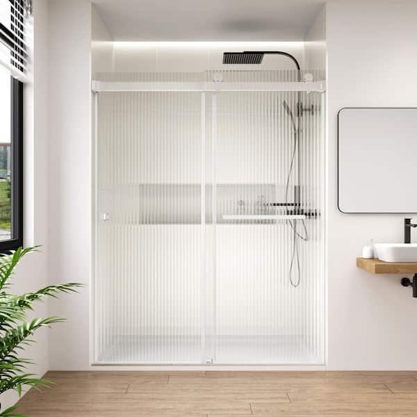 Fluted / Reeded Glass 60 in. W x 76 in. H Double Sliding Frameless Bath Shower Door in Chrome