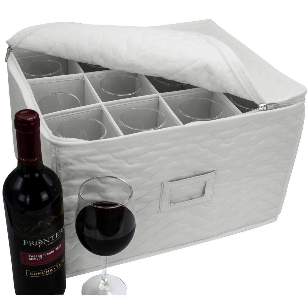 Beige Quilted Fabric Stemware Storage Chest with Dividers