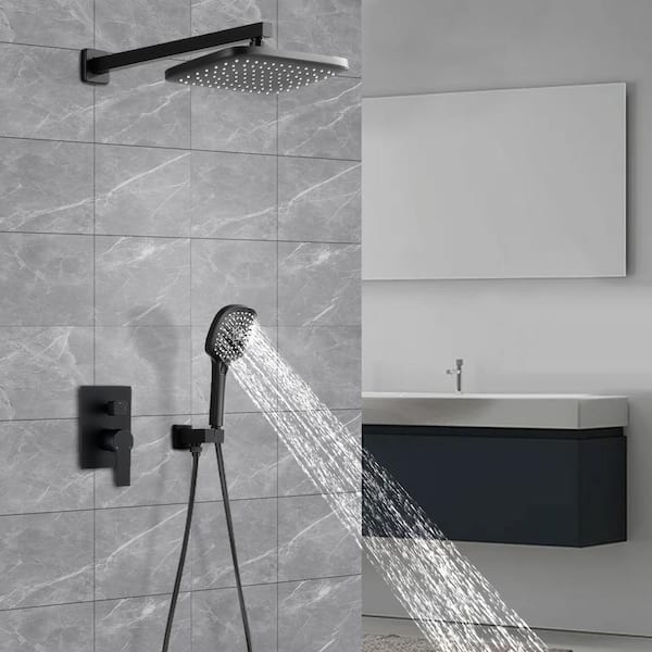1-Spray 11.8 in. Wall Mount Dual Shower Heads with Handheld Built-In Shower System in Black