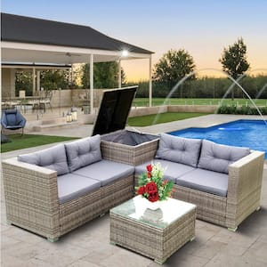 4-piece Wicker rattan Outdoor patio furniture Sectional sofa set with coffee table and storage box, grey Cushions