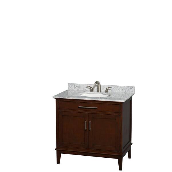 Wyndham Collection Hatton 36 in. Vanity in Dark Chestnut with Marble Vanity Top in Carrara White and Oval Sink