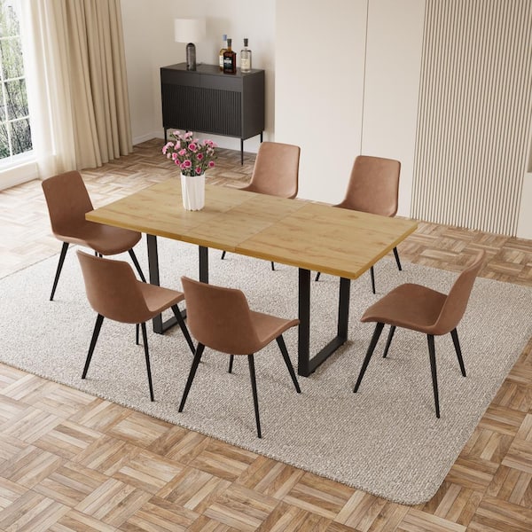 GOJANE 7-Piece Set of Brown Chairs and Oak Rectangular Retractable Dining Table with Carbon Steel Legs and 6 Modern Chairs
