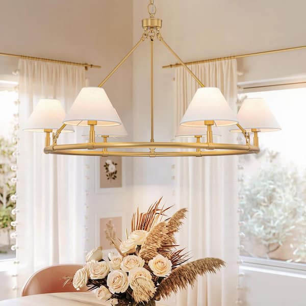 Jamii 6-Light Modern Farmhouse Brushed Gold Wagon Wheel Chandelier with Fabric Shade