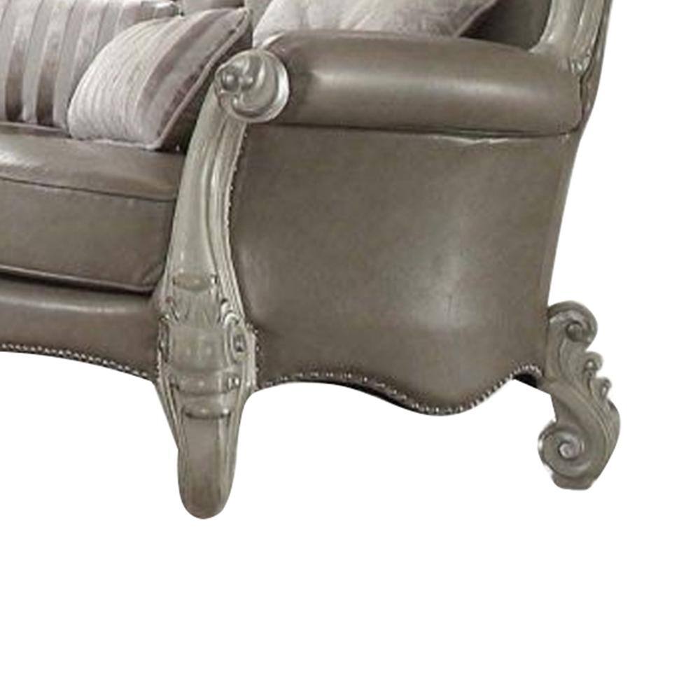 Vintage Gray Leather Tufted Loveseat with Bone White Wood