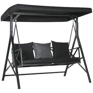 74.75 in. 3-Person Metal Patio Swing Chair, Porch Swing Glider with Black Cushion, 3 Throw Pillows & Adjustable Canopy