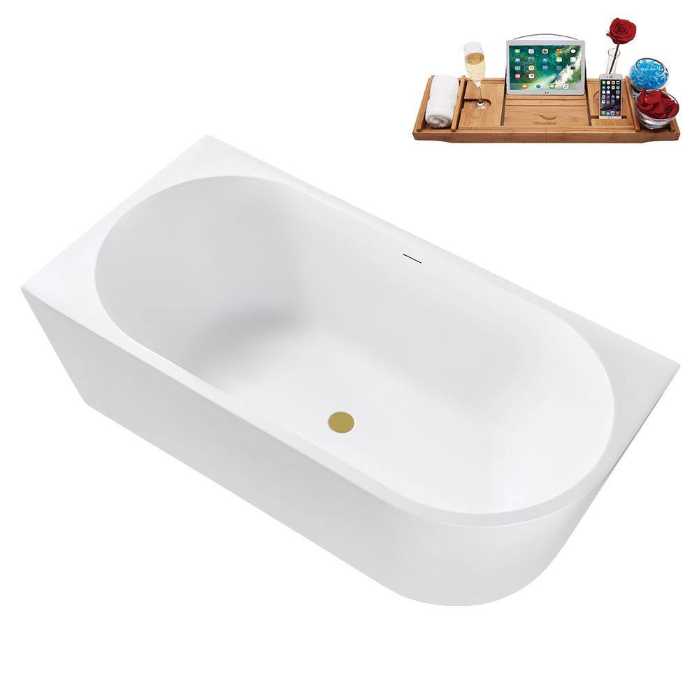 67" Glossy White Acrylic Freestanding Tub with Brushed Gold Trim