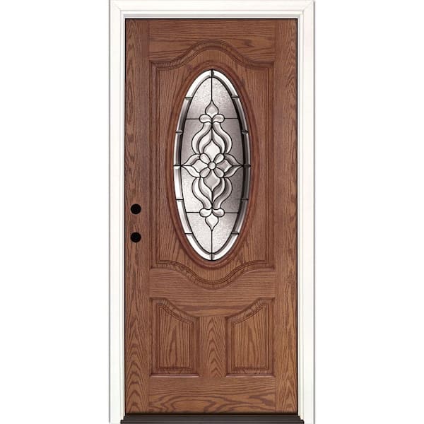 Feather River Doors 37.5 in. x 81.625 in. Lakewood Patina 3/4 Oval Lite Stained Medium Oak Right-Hand Inswing Fiberglass Prehung Front Door