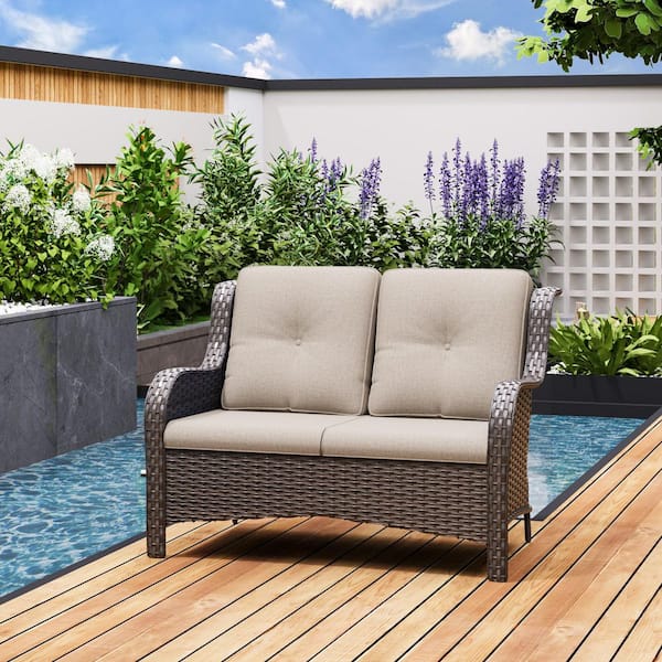 JOYSIDE Brown Wicker Outdoor Couch Patio Loveseat Deep Seating with Beige Cushions