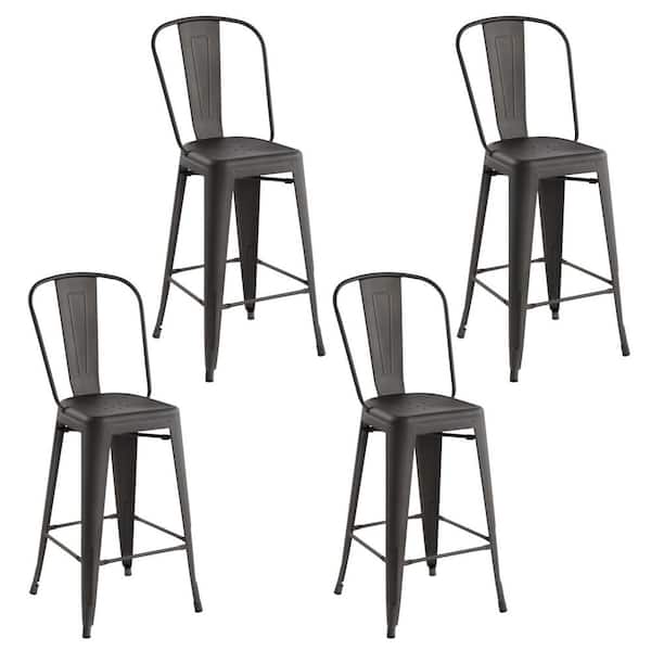 Homy Casa THOCAR 29 in. Kitchen Counter Height Gun Metal Bar Stools with Slat High Backrest, Indoor Outdoor set of 4