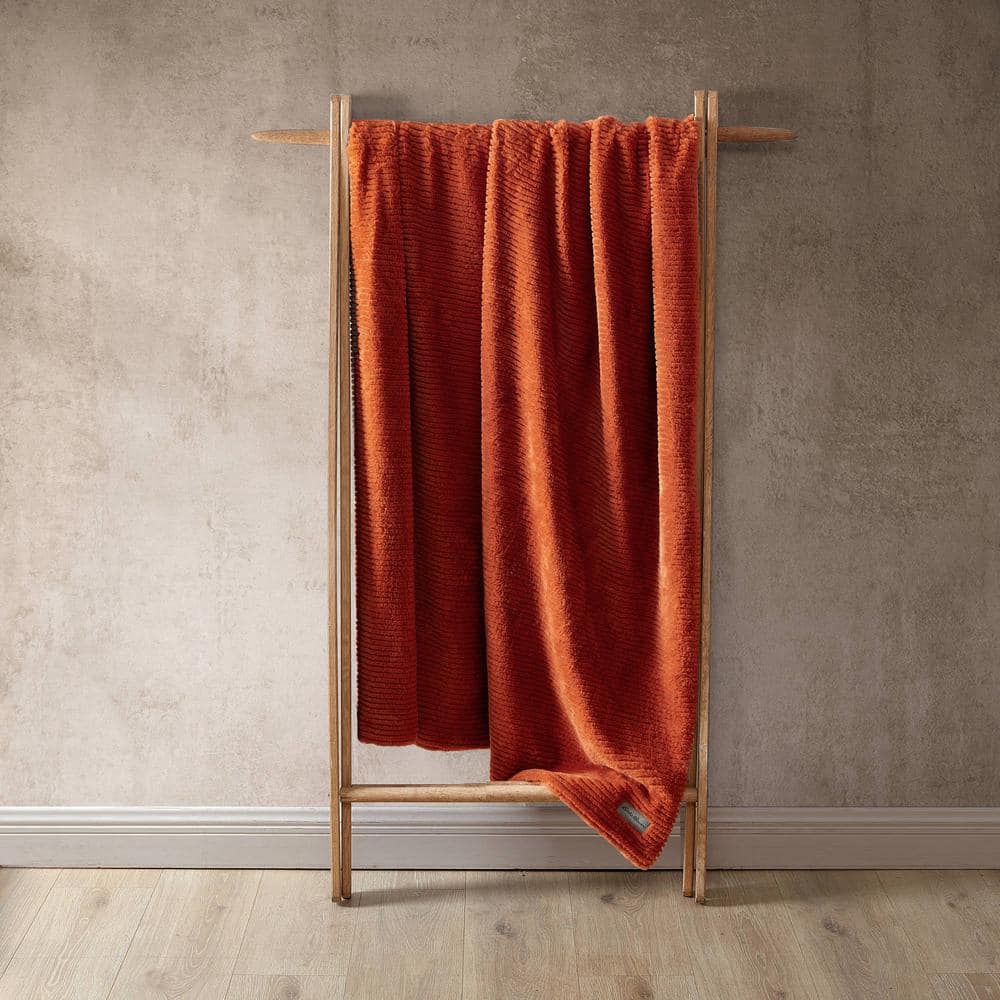 Orange Ribbed Reversible Plush Fleece Throw Blanket