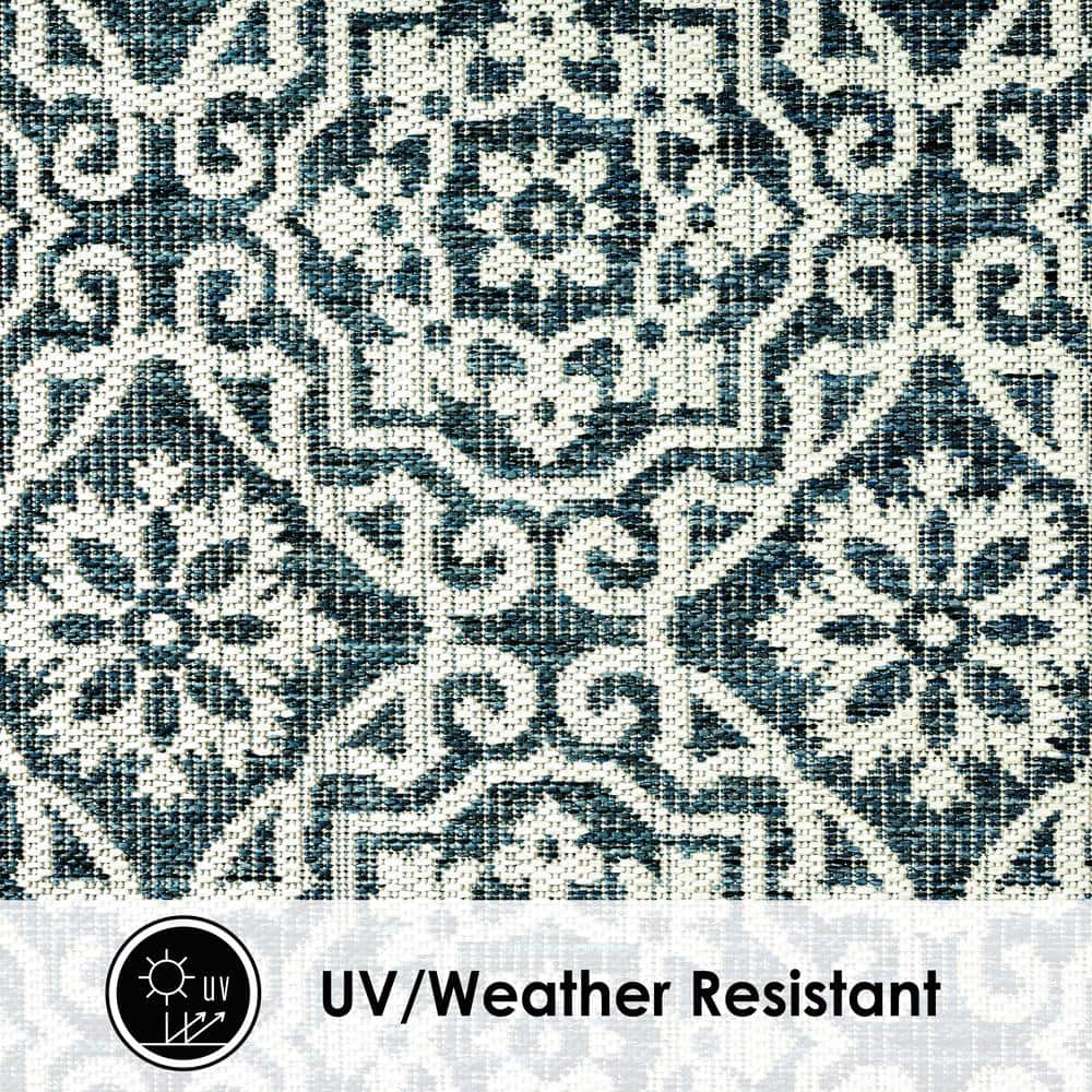 Teal Blue Geometric Synthetic Indoor/Outdoor Area Rug