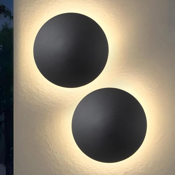 2-Pack 8 in. Black Aluminum Round Disc LED Indoor Outdoor Hardwired Wall Lantern Sconce