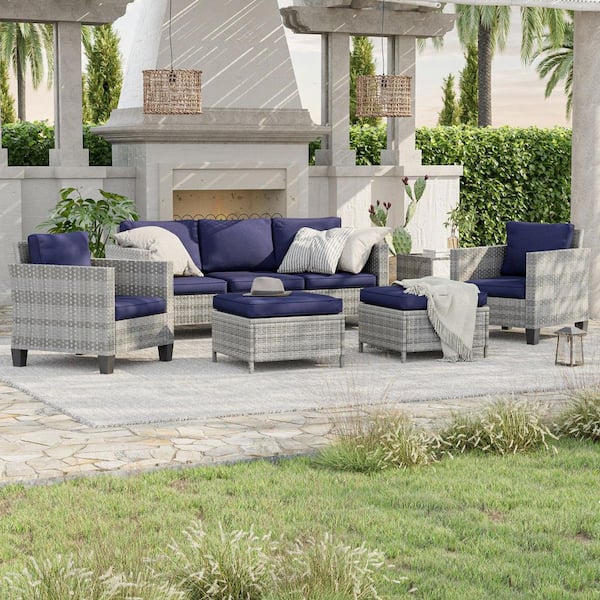 6-Piece Gray Wicker Outdoor Conversation Seating Sofa Set with Side Table, Navy Blue Cushions