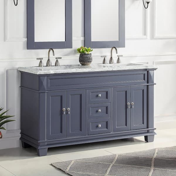 Dorian 60 in. W x 22 in. D x 35.63 in. H Double Sink Freestanding Bath Vanity in Charcoal Gray with Carrara Marble Top