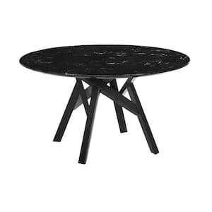 Venus 54 in. Black Marble Mid-Century Modern Round Dining Table with Black Wood Legs