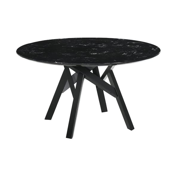 Armen Living Venus 54 in. Black Marble Mid-Century Modern Round Dining Table with Black Wood Legs