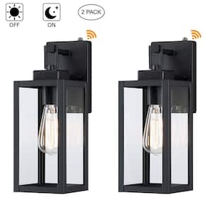 14 in. 1-Light Matte Black Outdoor Wall Lantern with Dusk to Dawn (2-Pack)
