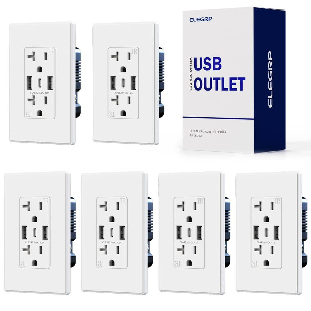 21W USB Wall Outlet w/Dual Type A and Type C USB Ports, 20 Amp Tamper Resistant Outlet, w/Wall Plate, White (6 Pack) -  ELEGRP, ER42AAC20-0106