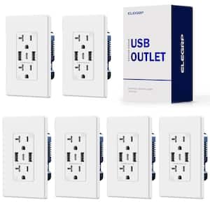 21W USB Wall Outlet w/Dual Type A and Type C USB Ports, 20 Amp Tamper Resistant Outlet, w/Wall Plate, White (6 Pack)