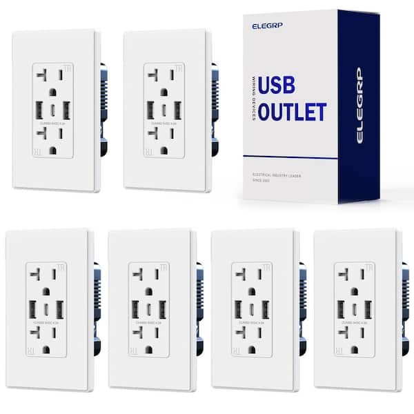 ELEGRP 21W USB Wall Outlet w/Dual Type A and Type C USB Ports, 20 Amp Tamper Resistant Outlet, w/Wall Plate, White (6 Pack)