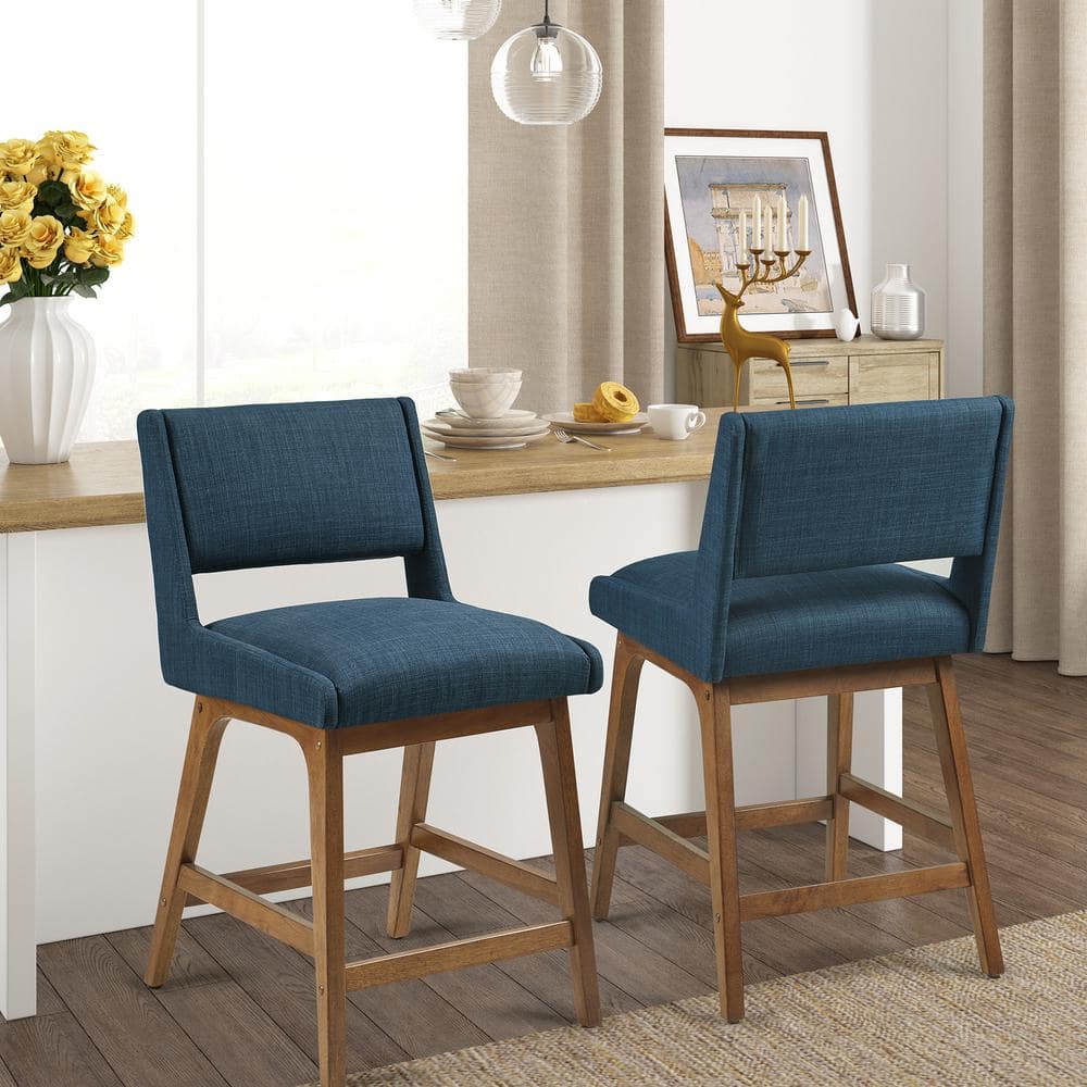 Navy Blue Pecan Wood Upholstered Counter Stool with Cushion