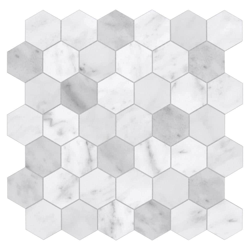 Hexagon 11.3 X 11.4 in. Carrara White Peel and Stick Backsplash Stone Compo