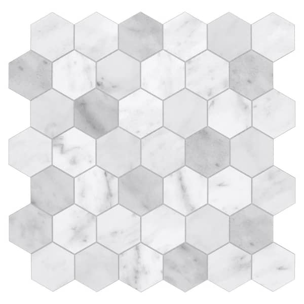 Hexagon 11.3 X 11.4 in. Carrara White Peel and Stick Backsplash Stone  Composite Wall Tile ( 10 Tiles, 9 sq. ft. )