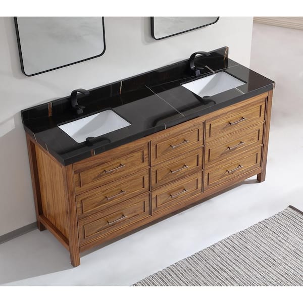 Luxury Ebony Series 72 in. 1 Freestanding Light Brown Finish Bath Vanity with 2 in. Black Natural Marble Top Assembled