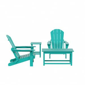 Laguna 4-Piece Fade Resistant Outdoor Patio HDPE Poly Plastic Folding Adirondack Chairs and Tables Set in Turquoise