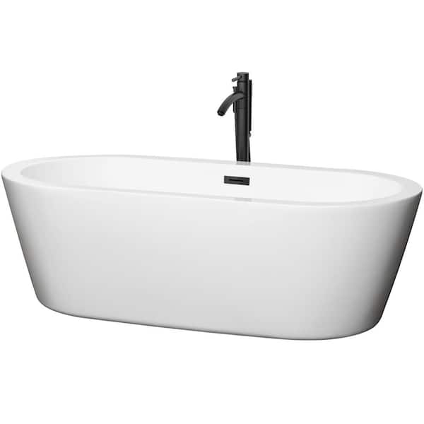 Wyndham Collection Mermaid 71 in. Acrylic Flatbottom Bathtub in White with Matte Black Trim and Faucet