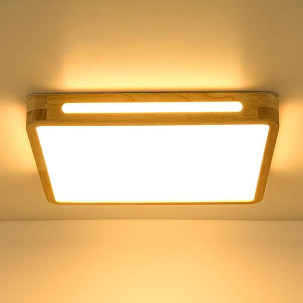 HUOKU Lumin 19.7 in. W Square Natural Oak Wood and Acrylic Flush