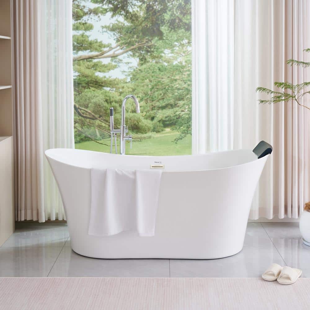 67" White Acrylic Freestanding Soaking Bathtub with Brushed Nickel Trim