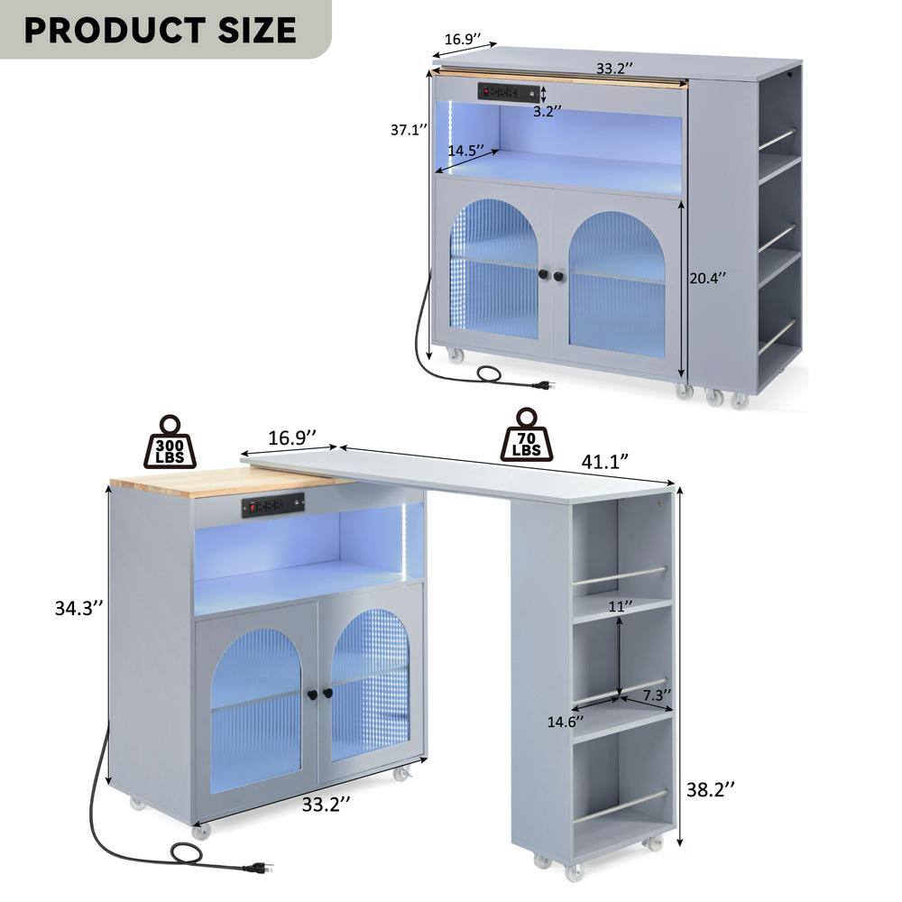 Grey Blue Rubber Wood MDF Kitchen Cart with Extended Table and Electrical Outlets - thumbnail 8