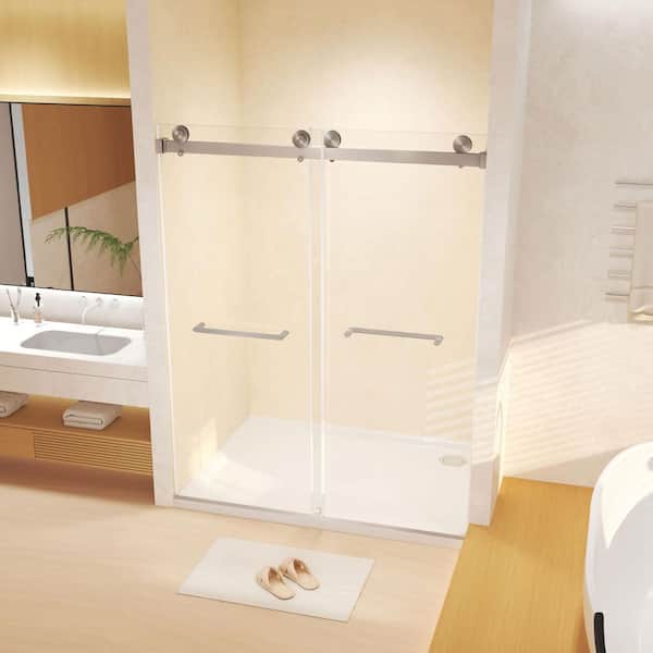 56 in.-60 in. W x 74 in. H Double Sliding Frameless Shower Door in Brushed Nickel w/ 5/16 in. (8mm) Clear Tempered Glass