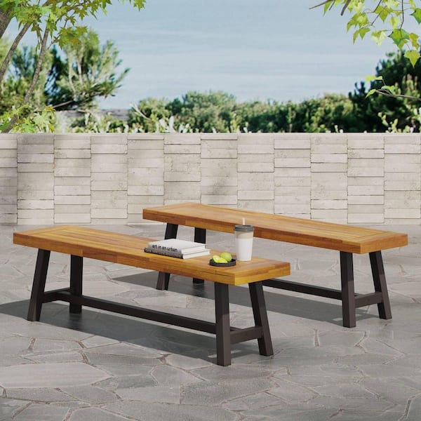 Miscool Anky 63 in. W 2-Person Brown Acacia Wood Outdoor Bench Ottoman (Set of 2)
