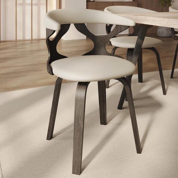 Dining Chairs Round Leather Seat with Solid Wood Legs Accent Arm Chair Curve Open Back in Dark Walnut/Taupe