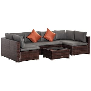 4-Pieces Wicker Outdoor Patio Conversation Sofa Set, with Tempered Glass Coffee Table and Brown Cushions