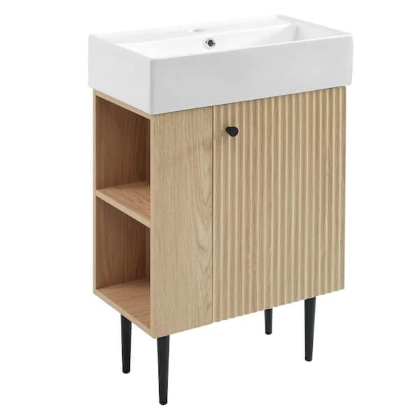 21.6 in, Freestanding Wood Bath Vanity with White Ceramic Top, Left Side Storage