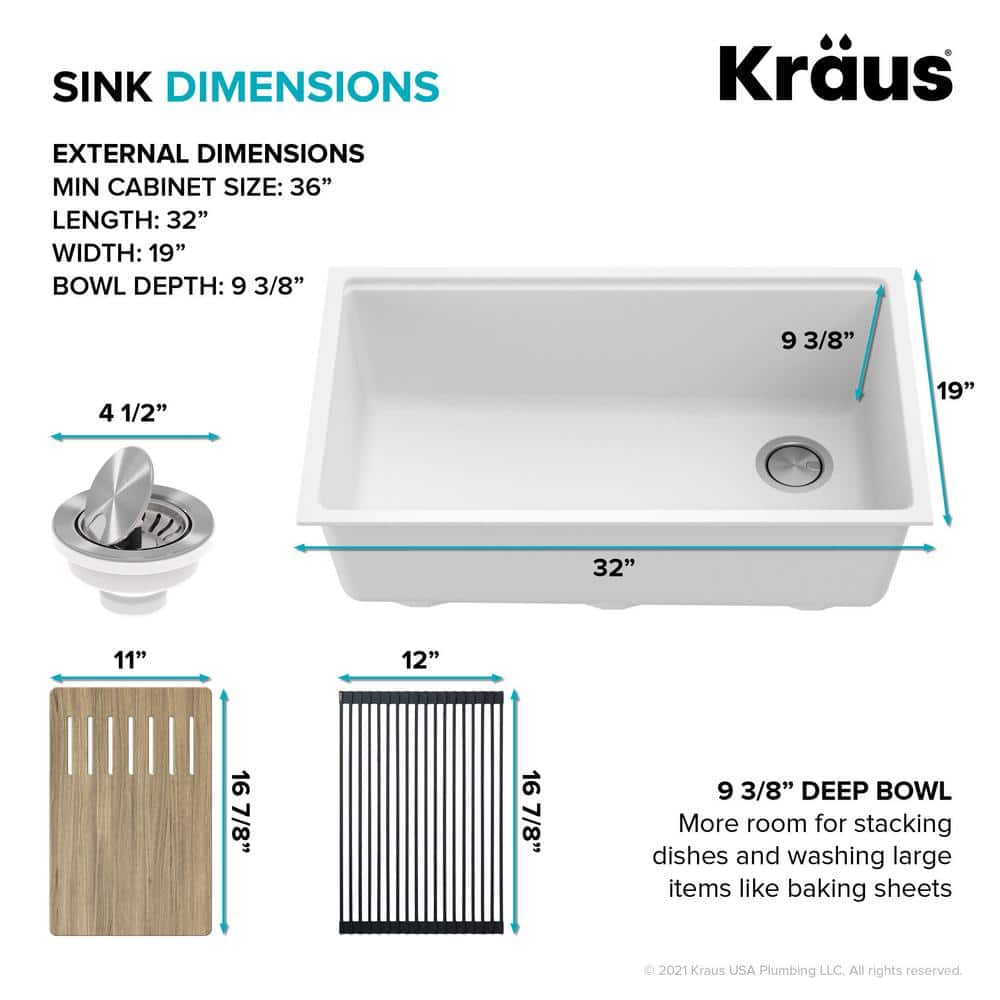 Bellucci White Quartz Composite Undermount Kitchen Sink with Accessories