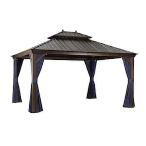 11 ft. x 15 ft. Bronze Patio Outdoor Gazebo for Backyard Hardtop Aluminum Frame with Hook Netting Blue Curtain 24 Lights