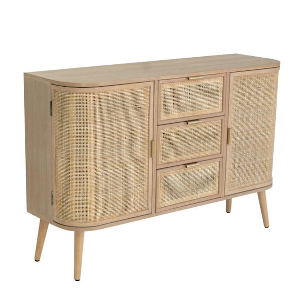 Benjara Brown and Gold Wood Top 16 in. Sideboard with 3 Drawers and 2 Doors