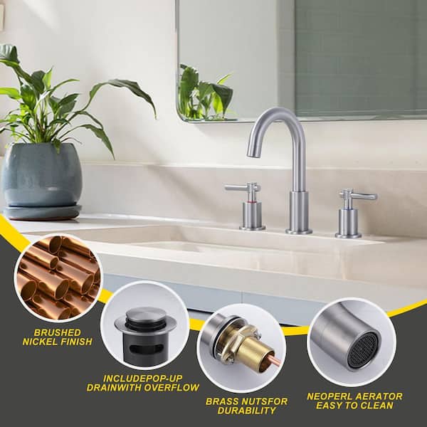 8 in. Widespread 2-Handle 3 Hole Bathroom Faucet with Pop Up Drain t in Brushed Nickel
