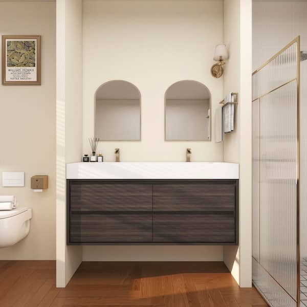 BV Better Vanity Saggie 59 in. W. x 20 in. D x 28 in. H Double Sink Floating Bath Vanity in Dark Gray Oak with White Acrylic Top